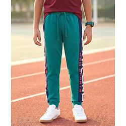 Pine Kids 100% Cotton Terry Knit Full Length Cut and Sew Stretchable Track Pants Text Print - Green
