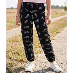 Pine Kids Knit Full Length Stretchable Track Pants Text Print - Jet Black