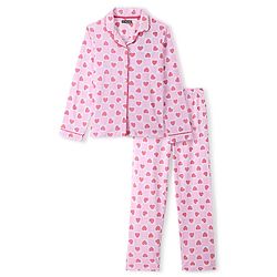 Pine Kids 100% Cotton Single Jersey Full Sleeves Heart Printed Night Suit - Pink