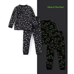 Pine Kids 100% Cotton Single Jersery Knit Full Sleeves Glow In The Dark Halloween Night Suit Set - Black