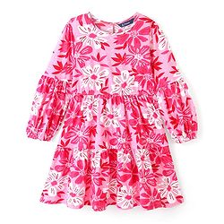 Pine Kids Cotton Single Jersey Full Sleeves Tier Knit Frock With Floral Print - Pink