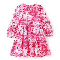 Pine Kids Cotton Single Jersey Full Sleeves Tier Knit Frock With Floral Print - Pink