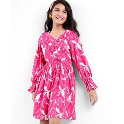 Pine Kids Full Sleeves Floral Print Dress with Ruffle Detailing - Pink
