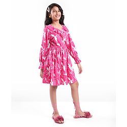 Pine Kids Full Sleeves Floral Print Dress with Ruffle Detailing - Pink