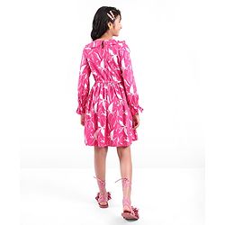 Pine Kids Full Sleeves Floral Print Dress with Ruffle Detailing - Pink