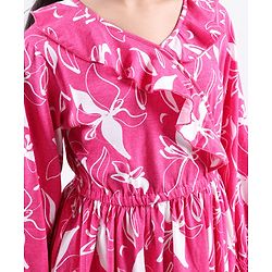 Pine Kids Full Sleeves Floral Print Dress with Ruffle Detailing - Pink
