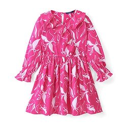 Pine Kids Full Sleeves Floral Print Dress with Ruffle Detailing - Pink