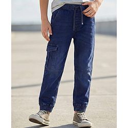 Pine Kids Full Length Jogger Fit Cut & Sew Elasticated Waist Solid Color Denim Jeans - Blue