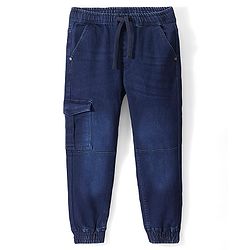 Pine Kids Full Length Jogger Fit Cut & Sew Elasticated Waist Solid Color Denim Jeans - Blue