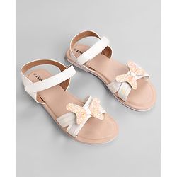 Pine Kids Solid Colored Velcro Closure Party Sandals with Bow - Golden