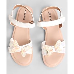Pine Kids Solid Colored Velcro Closure Party Sandals with Bow - Golden