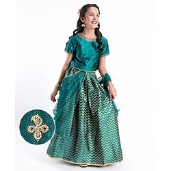 Pine Kids Woven Half Sleeves Lehenga Choli Set With Embroidered - Green