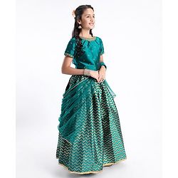 Pine Kids Woven Half Sleeves Lehenga Choli Set With Embroidered - Green