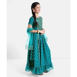 Pine Kids Woven Half Sleeves Lehenga Choli Set With Sequine Detailing & Embroidered- Teal Blue