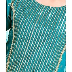 Pine Kids Woven Half Sleeves Lehenga Choli Set With Sequine Detailing & Embroidered- Teal Blue