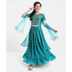 Pine Kids Woven Half Sleeves Lehenga Choli Set With Sequine Detailing & Embroidered- Teal Blue