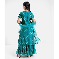 Pine Kids Woven Half Sleeves Lehenga Choli Set With Sequine Detailing & Embroidered- Teal Blue