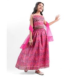 Pine Kids All Over Floral Printed Sleeveless Choli  Lehenga Set With Dupatta - Pink