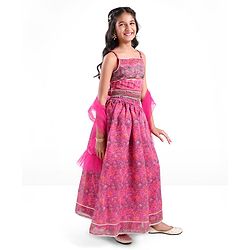 Pine Kids All Over Floral Printed Sleeveless Choli  Lehenga Set With Dupatta - Pink