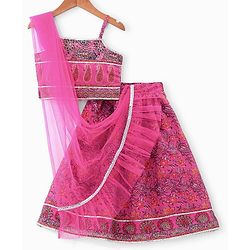 Pine Kids All Over Floral Printed Sleeveless Choli  Lehenga Set With Dupatta - Pink