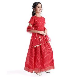 Pine Kids Half Sleeves Embroidered Choli & Lehenga Set- Red