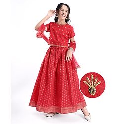 Pine Kids Half Sleeves Embroidered Choli & Lehenga Set- Red