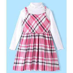 Pine Kids Checks Pattern Frock with Elasticated Strap & Turtle Neck Full Sleeves Rib Top - Multicolor