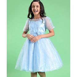 Pine Kids Half Puff Sleeves Party Wear Frock with Foil Print Detailing - Light Blue