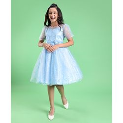 Pine Kids Half Puff Sleeves Party Wear Frock with Foil Print Detailing - Light Blue