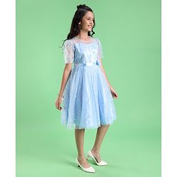 Pine Kids Half Puff Sleeves Party Wear Frock with Foil Print Detailing - Light Blue