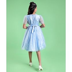 Pine Kids Half Puff Sleeves Party Wear Frock with Foil Print Detailing - Light Blue