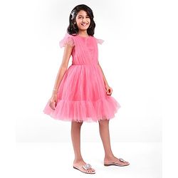Pine Kids Shimmered Pleated Half Sleeves Tiered Party Wear Dress- Pink