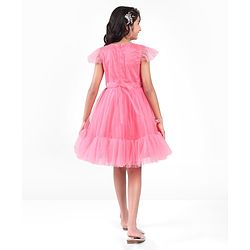 Pine Kids Shimmered Pleated Half Sleeves Tiered Party Wear Dress- Pink