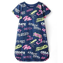 Pine Kids Half Sleeves Nighty With Text Print - Navy Peony
