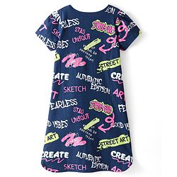 Pine Kids Half Sleeves Nighty With Text Print - Navy Peony