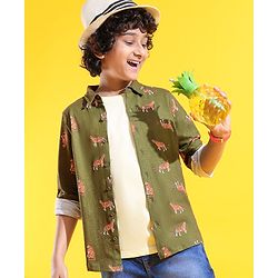 Pine Kids 100% Cotton Knit Full Sleeves Tiger Printed Shirt - Green