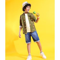 Pine Kids 100% Cotton Knit Full Sleeves Tiger Printed Shirt - Green