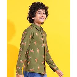 Pine Kids 100% Cotton Knit Full Sleeves Tiger Printed Shirt - Green