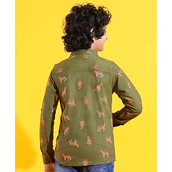Pine Kids 100% Cotton Knit Full Sleeves Tiger Printed Shirt - Green