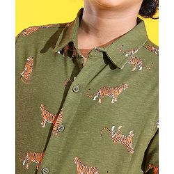 Pine Kids 100% Cotton Knit Full Sleeves Tiger Printed Shirt - Green