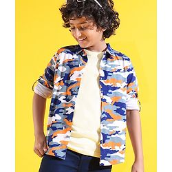 Pine Kids 100% Cotton Knit Full Sleeves Roll Up Shirt Camouflage Printed - Blue