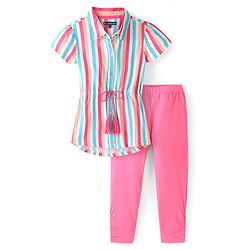 Pine Kids Woven Half Sleeves Shirt & Leggings Striped - Pink