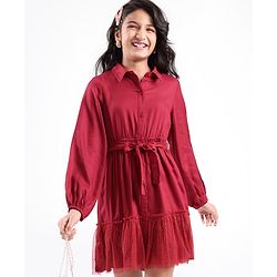 Pine Kids Woven Full Sleeves Button Up Tiered Solid Color Dress - Red