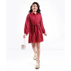 Pine Kids Woven Full Sleeves Button Up Tiered Solid Color Dress - Red