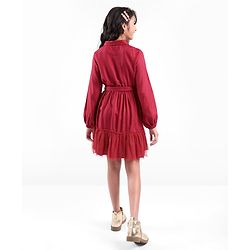 Pine Kids Woven Full Sleeves Button Up Tiered Solid Color Dress - Red