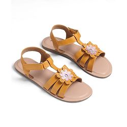 Pine Kids Sandals with Velcro Closure Flower Applique- Yellow