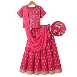 Pine Kids Woven Sequin Embroidered Half Sleeves Choli Lehenga Set with Dupatta - Pink
