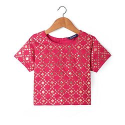 Pine Kids Woven Sequin Embroidered Half Sleeves Choli Lehenga Set with Dupatta - Pink