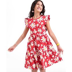 Pine Kids All Over Floral Printed Cap Sleeves Frock - Bittersweet