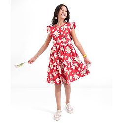 Pine Kids All Over Floral Printed Cap Sleeves Frock - Bittersweet